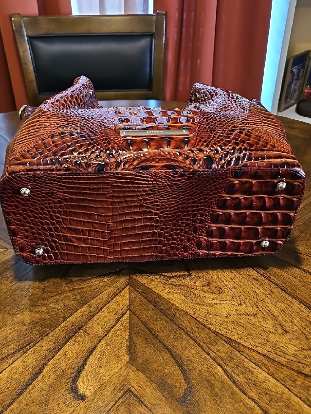 Brahmin Cognac Croc-Embossed Leather Handbag With Shoulder Strap - Picture 9 of 9